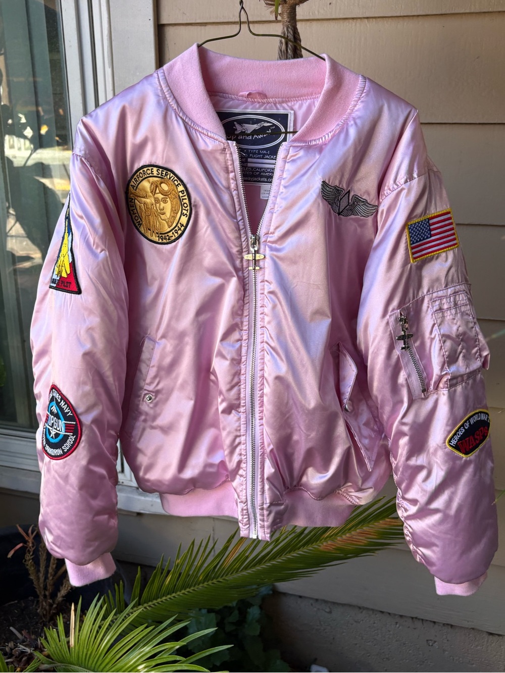 Light Pink Satin Bomber Jacket with Military Patch Details by Up and Away